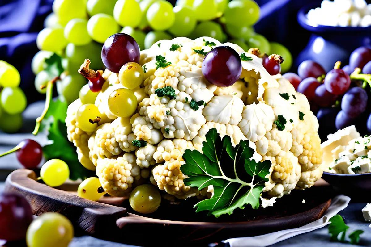 Bagt hel blomkål med druer og feta er en lækker og nærende ret