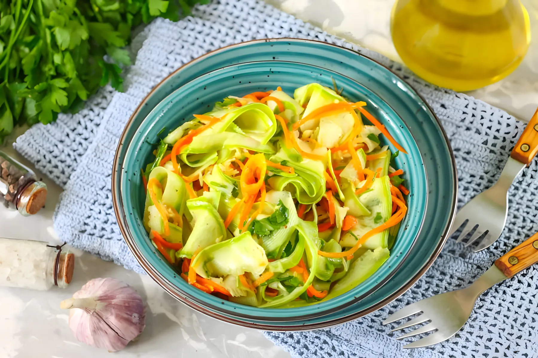 Courgette-"nudler" med gulerødder og hvidløg