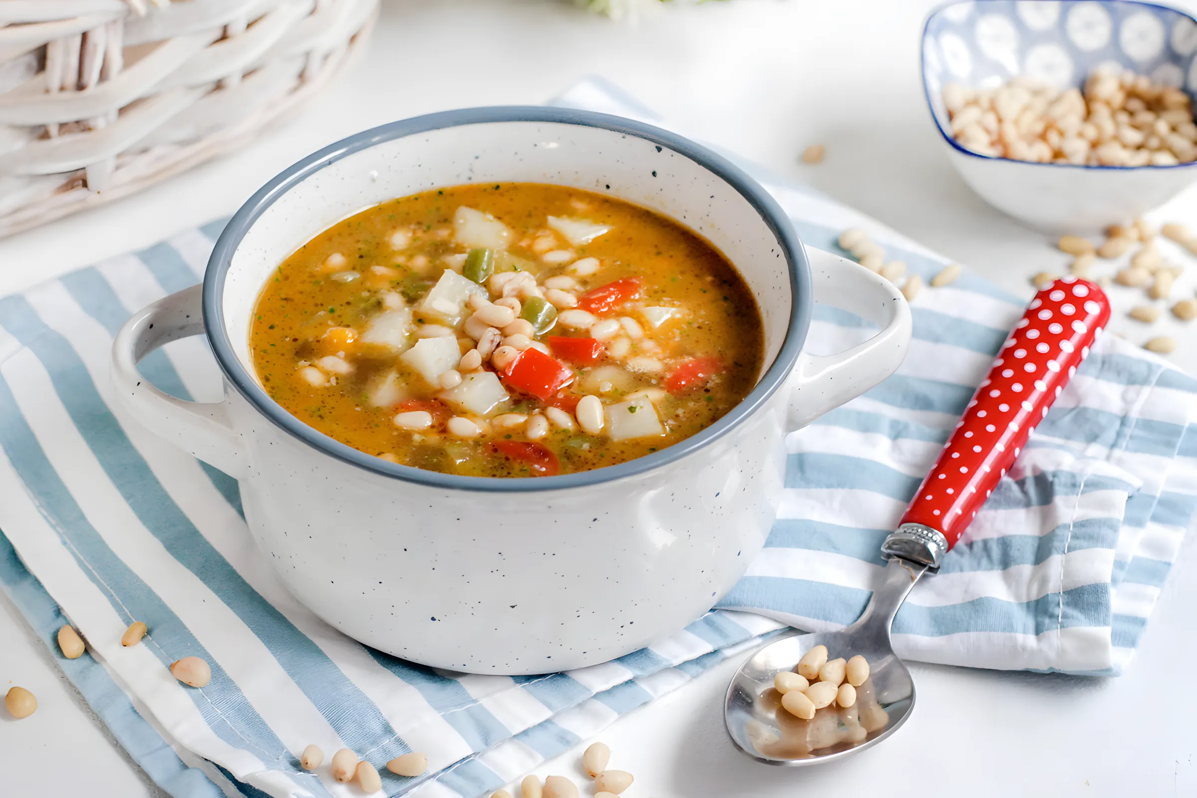 Opskrift på grøntsagssuppe med tre peberfrugter, pestosauce og pinjekerner