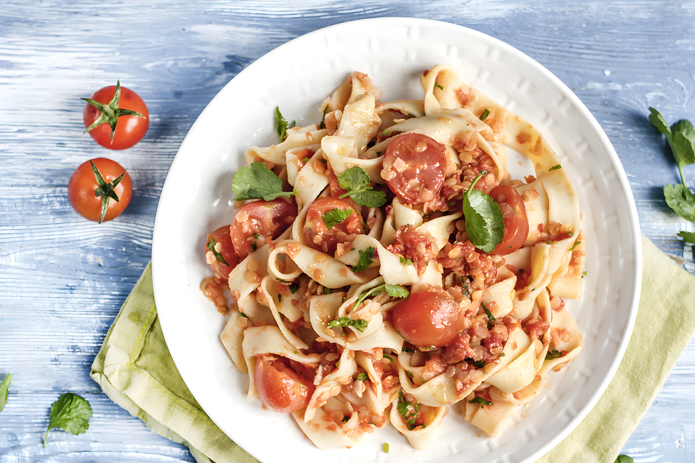 Opskrift på Tagliatelle Bardolino med røde linser og purerede tomater